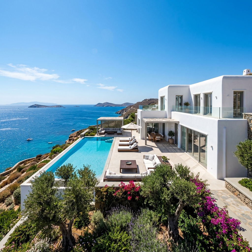 Moderne weiße Villa mit Infinity-Pool in Griechenland